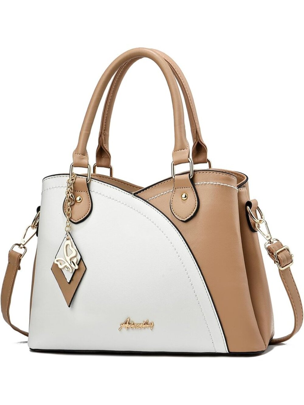 〽️Women White Khaki Medium Leather Top Handle Crossbody Satchel Shoulder Handbag